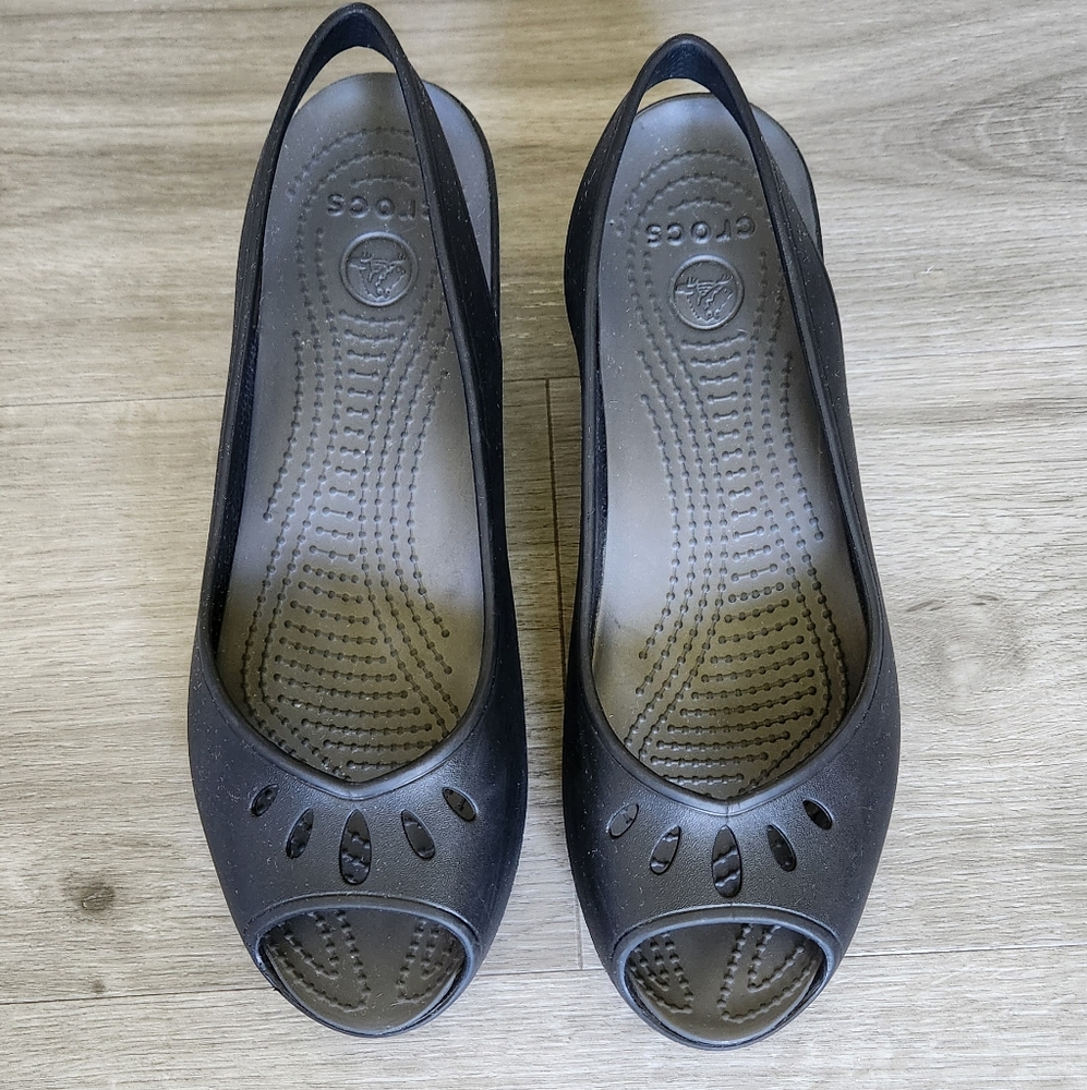 CROCS "Mabyn" Slingback Mini Wedge Peep Toe Black Size 10